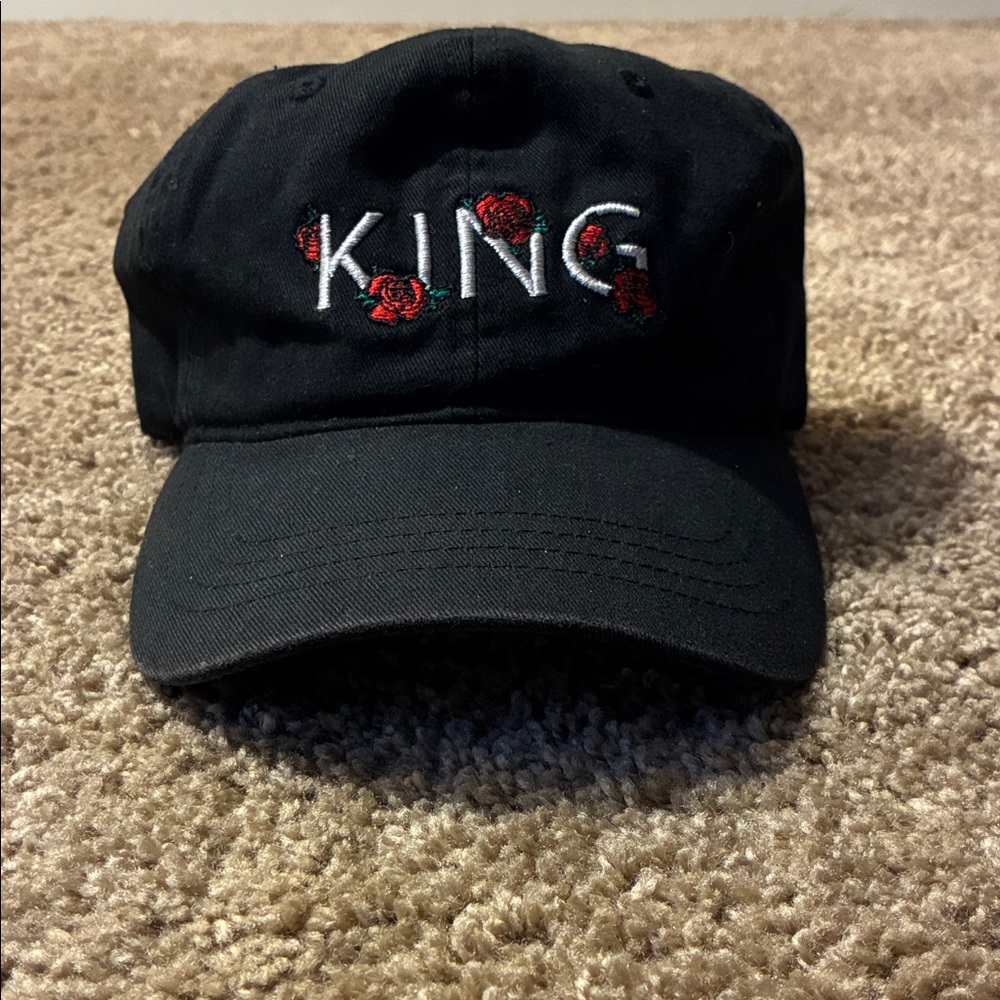 Black Cap with Embroidered 'KING' and Roses